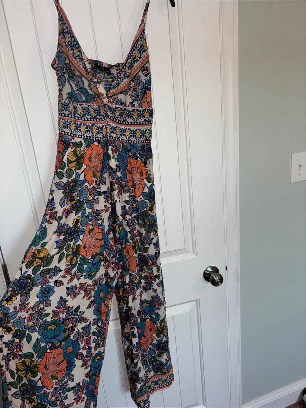Angie Cream Floral Wide-Leg Jumpsuit with Orange and Teal Blooms
